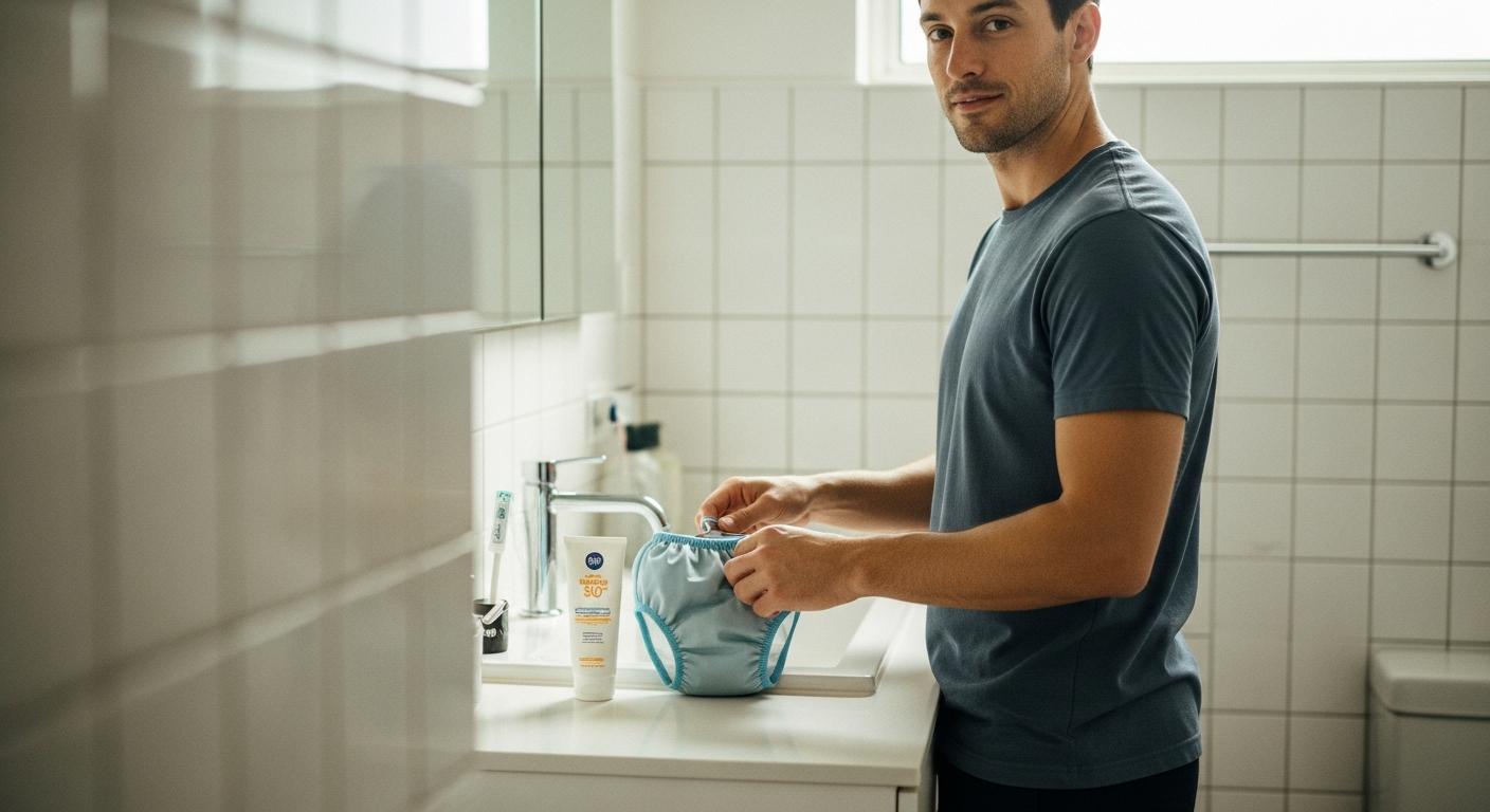 Dad placing a clean baby swim diaper and sunscreen in the bathroom