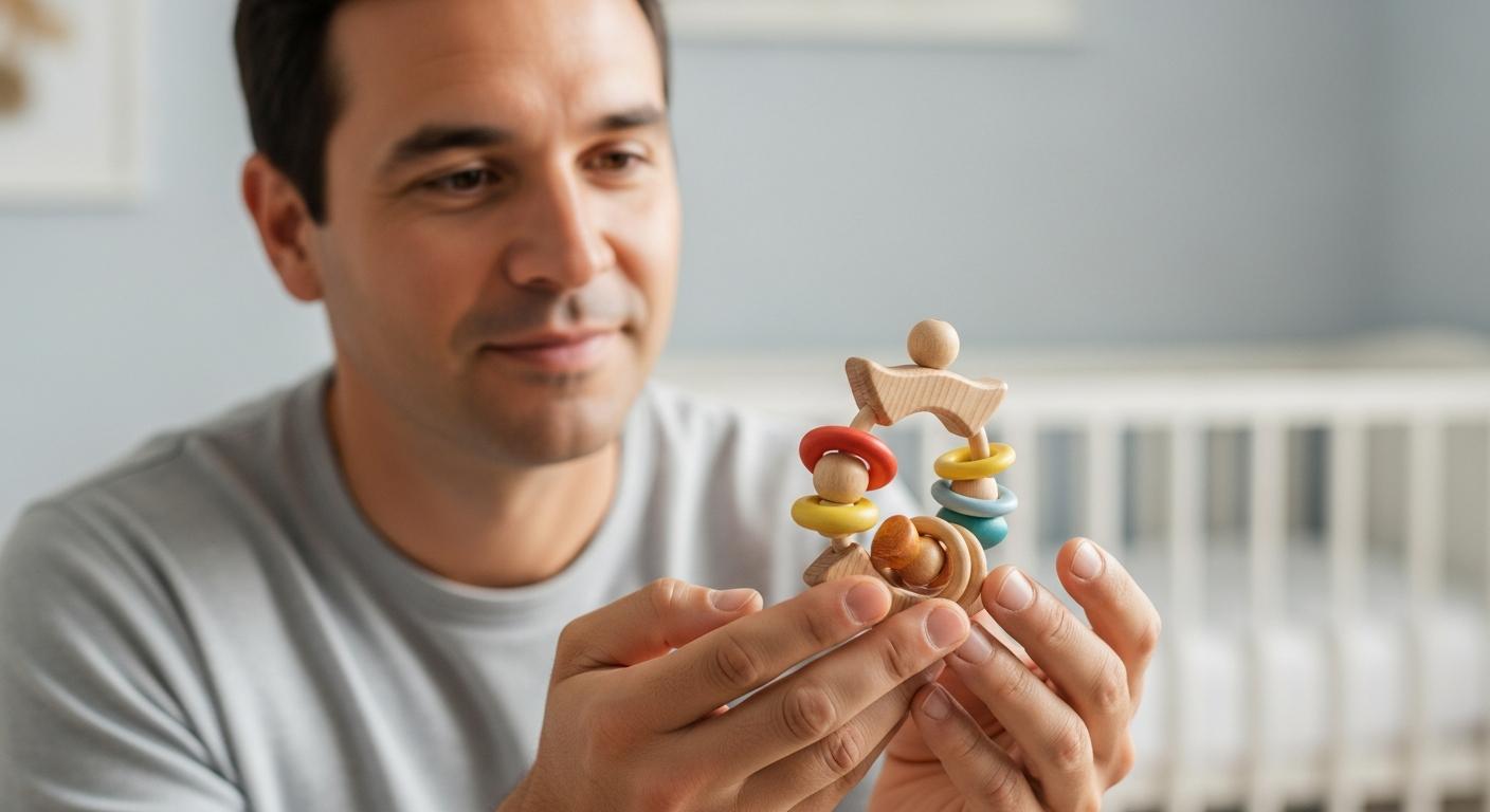 Un père examine un hochet en bois conçu pour favoriser le développement sensoriel de l'enfant dans une chambre
