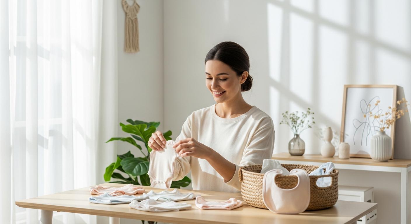 Mom folding clean and soft laundry washed with baby laundry detergent suitable for sensitive skin