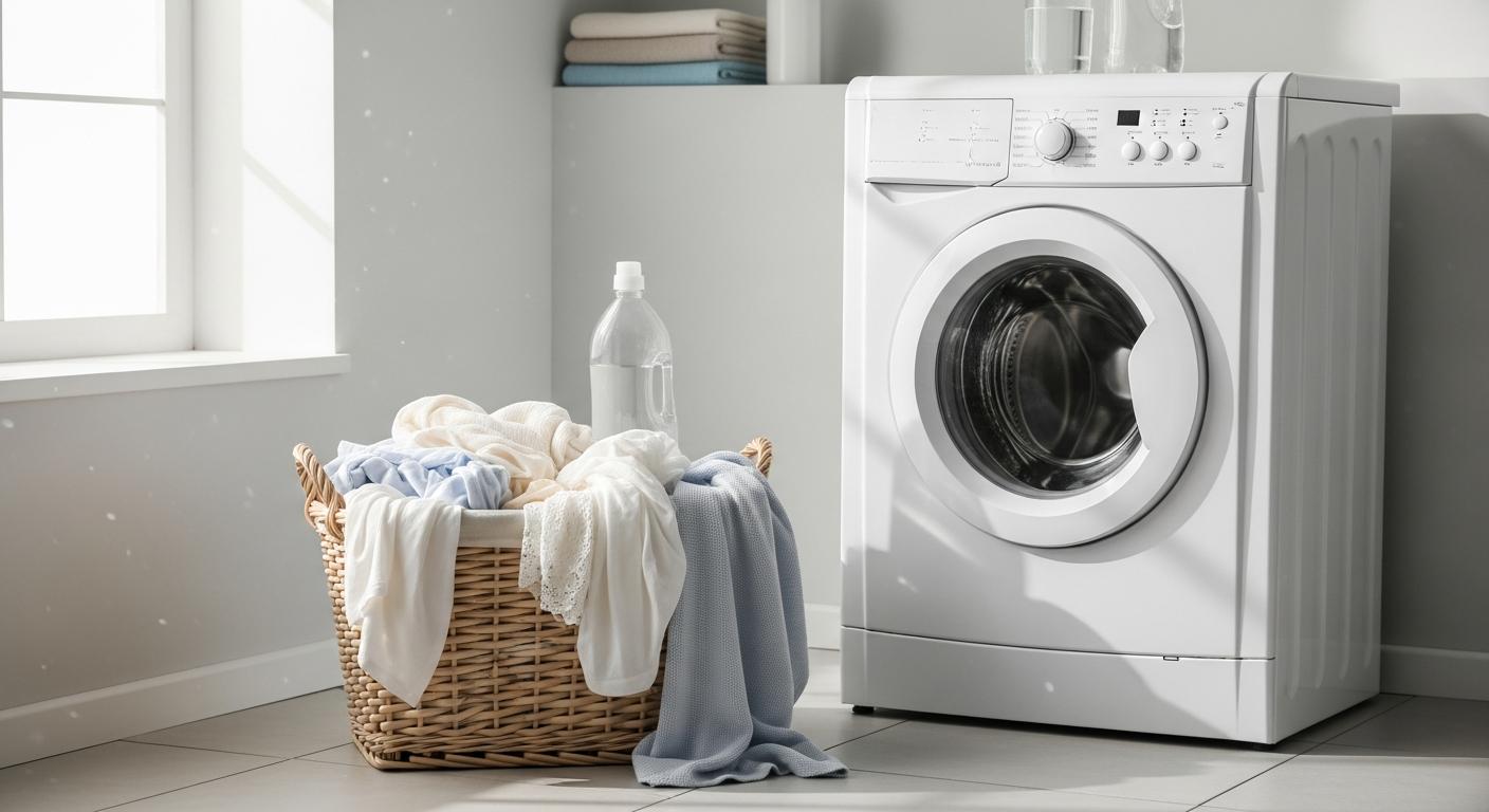 A basket of clean clothes washed with natural baby laundry detergent placed in front of a washing machine