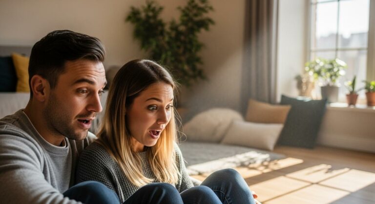 Un couple de jeunes parents assis au sol exprimant une grande surprise et de la joie en entendant le premier mot bébé