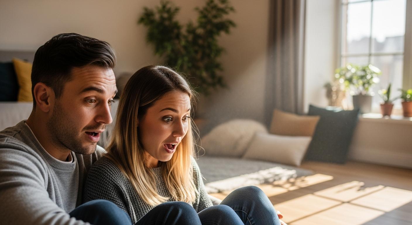 Un couple de jeunes parents assis au sol exprimant une grande surprise et de la joie en entendant le premier mot bébé