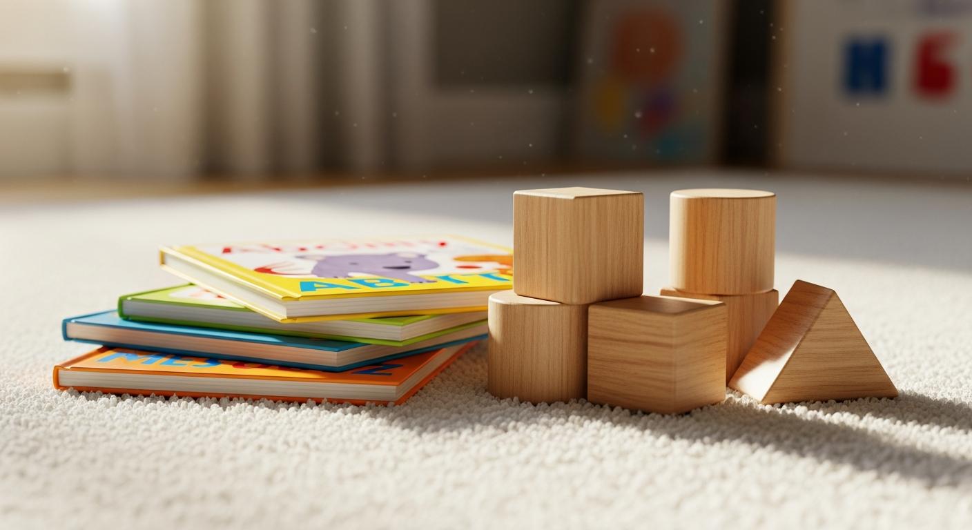 Une pile de livres imagiers et des cubes en bois sur un tapis pour favoriser l apprentissage du premier mot bébé