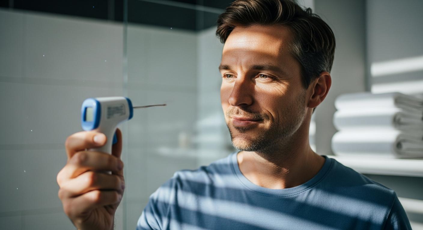 A father examines an electronic thermometer used to provide first aid for infants safely.