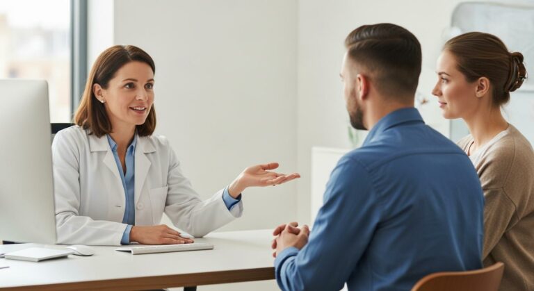 Parents demandant un avis pédiatre sur le trotteur bébé lors d une consultation médicale