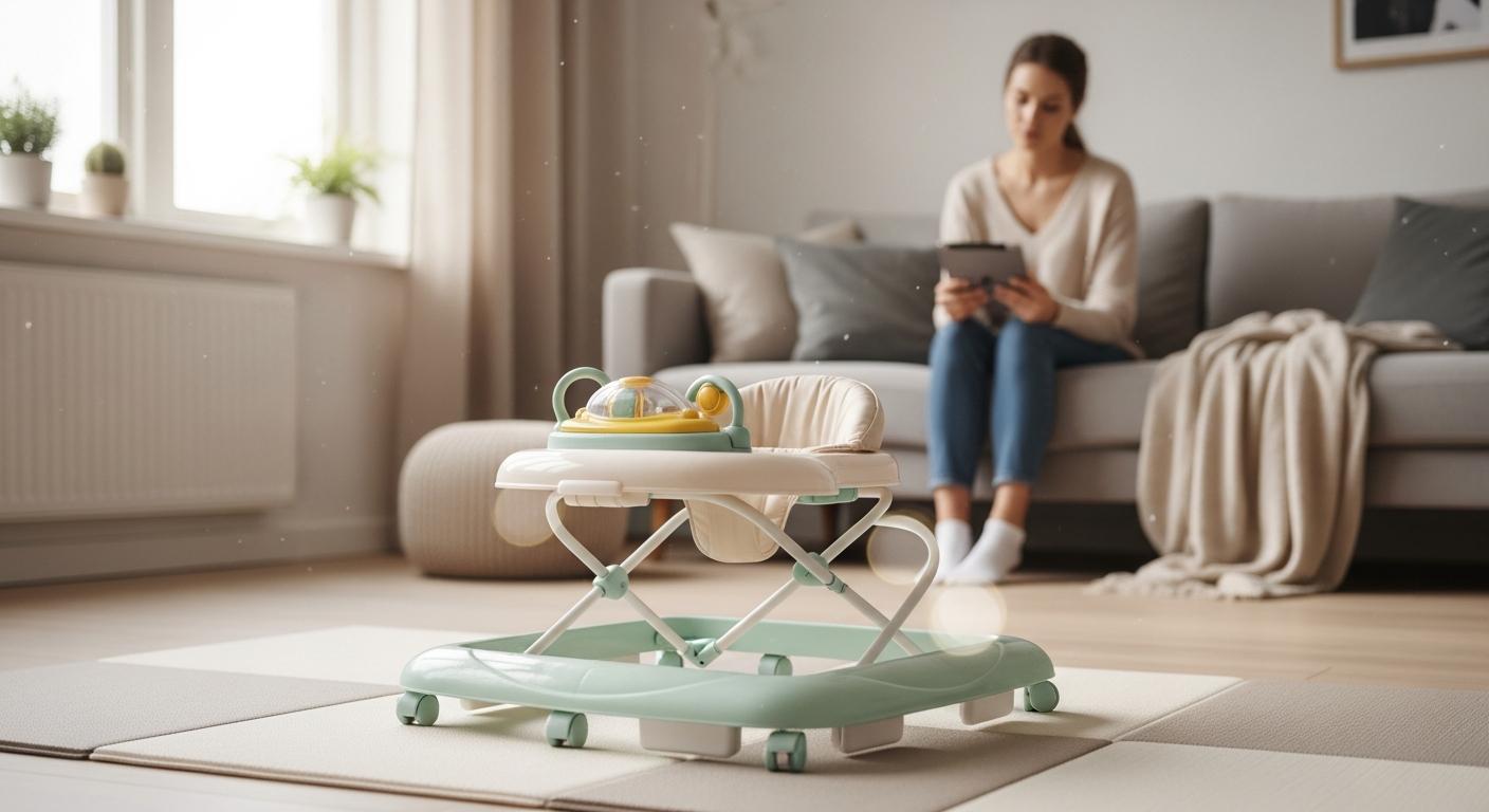 Maman observant un trotteur bébé en lisant un avis pédiatre sur sa tablette