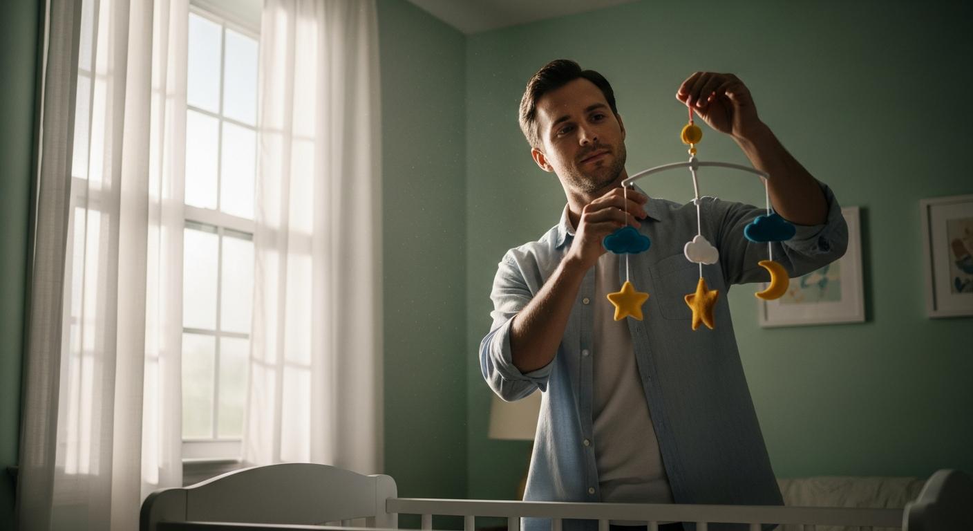 Un papa installant un mobile coloré au dessus d un berceau pour aider au développement de la vision floue du bébé.