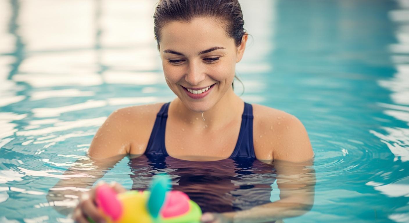Animatrice dans l'eau tenant un jouet coloré pour l'activité bébé nageur