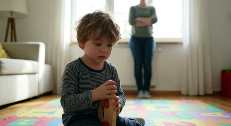 Un enfant jouant timidement dans le salon sous la surveillance stricte d un adulte évoquant les 13 signes d un parent toxique
