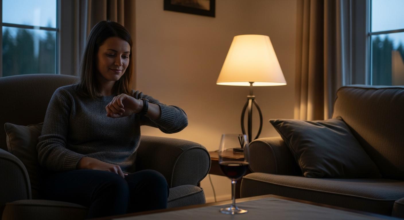 Jeune femme regardant sa montre avec un verre de vin sur la table attendant pour éliminer alcool et allaitement en sécurité
