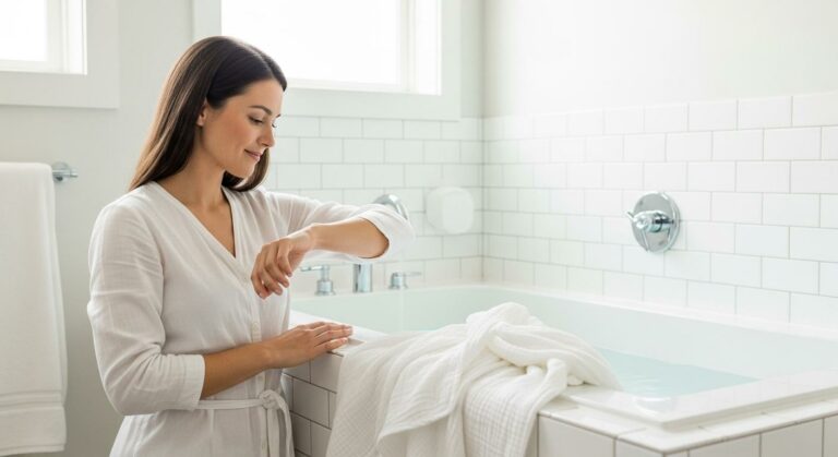 A mom prepares the necessary equipment including a muslin cloth for a baby swaddle bath in a bright bathroom