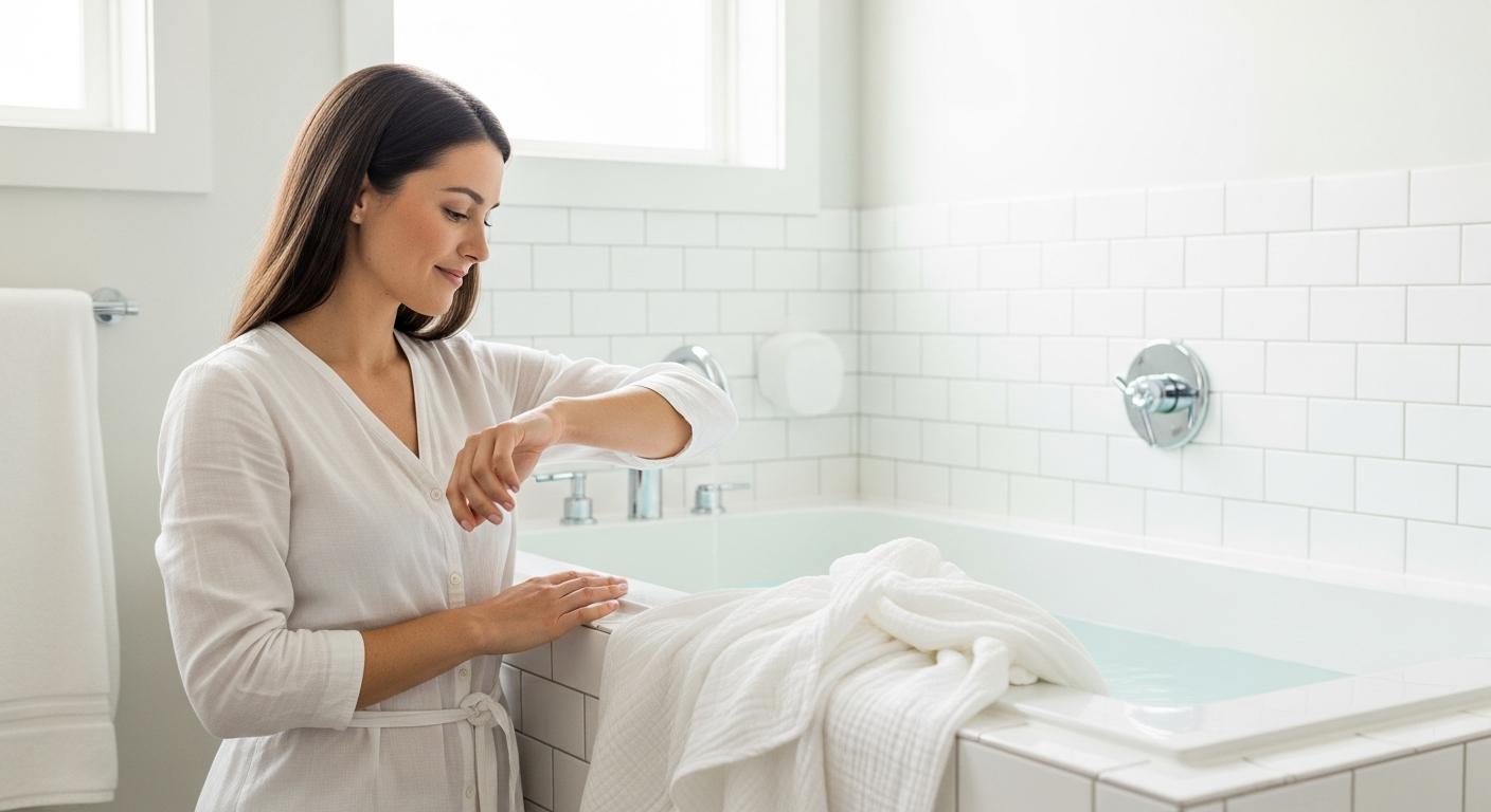 A mom prepares the necessary equipment including a muslin cloth for a baby swaddle bath in a bright bathroom
