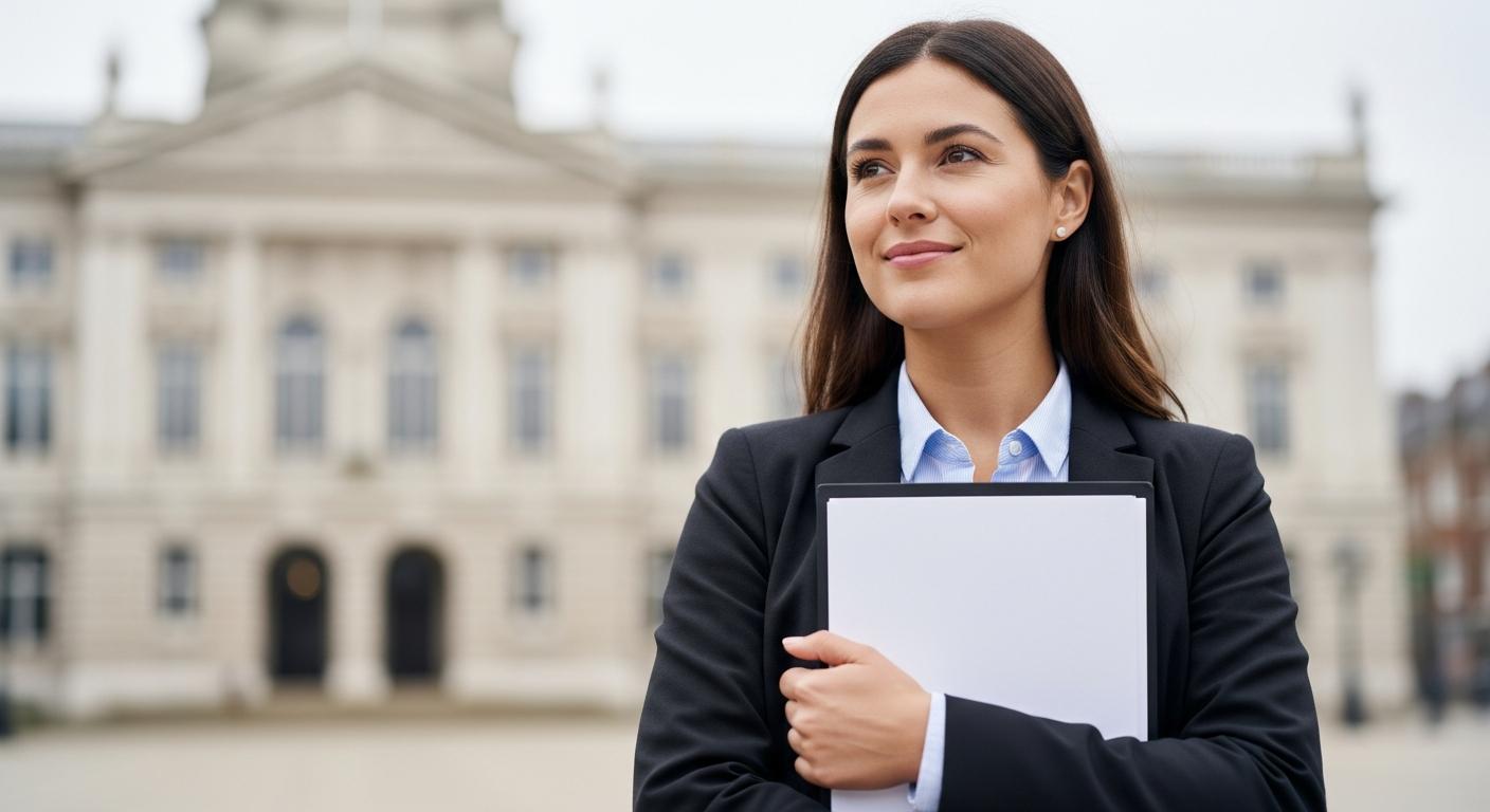 A woman in front of the town hall with the newborn ID card application folder
