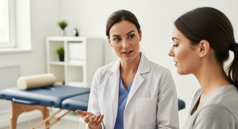 Une kinésithérapeute explique le déroulement d'une séance de kiné respiratoire bébé à une jeune mère dans un cabinet médical