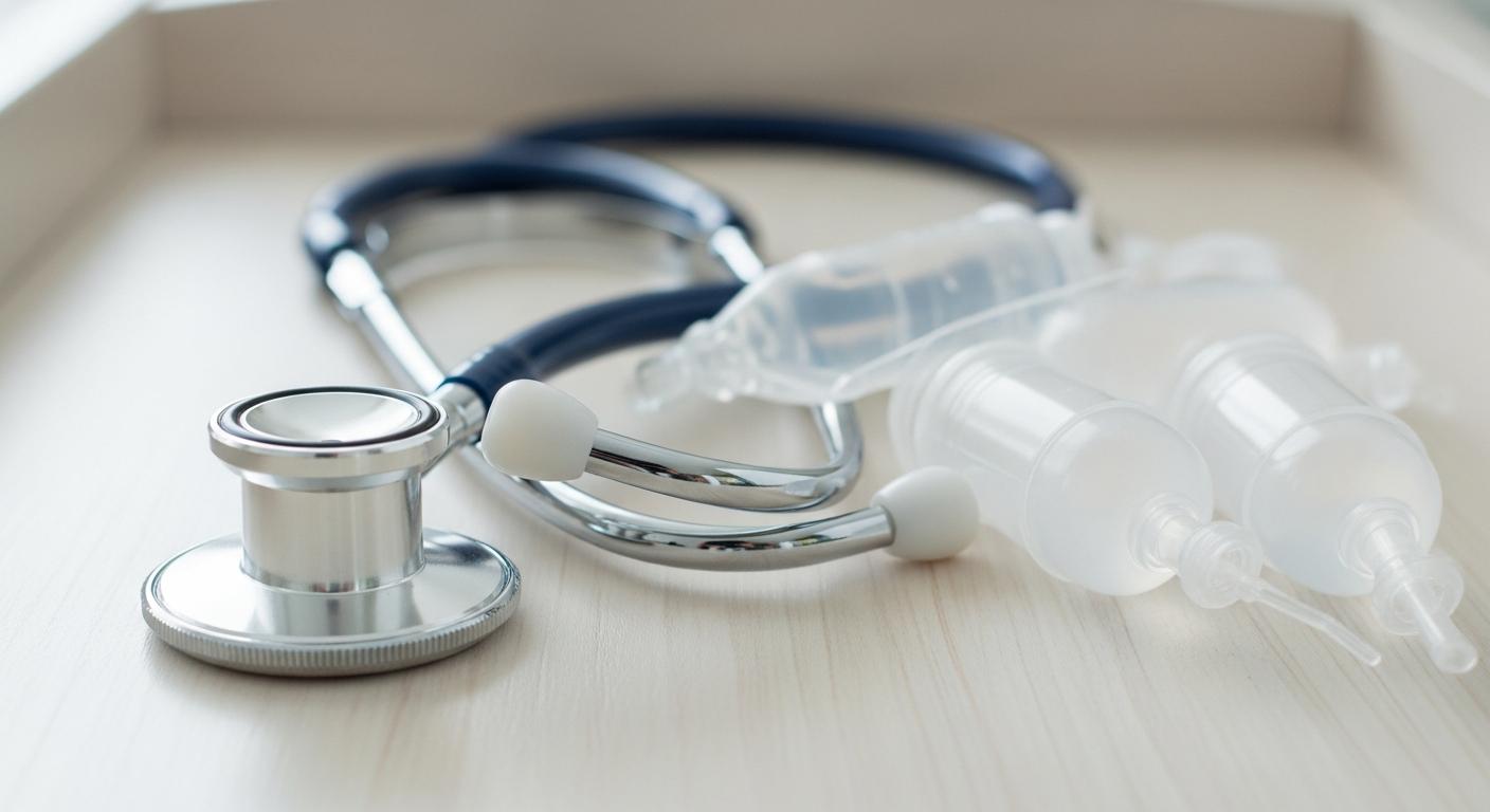 Gros plan sur un stéthoscope et du sérum physiologique nécessaire pour la kiné respiratoire bébé