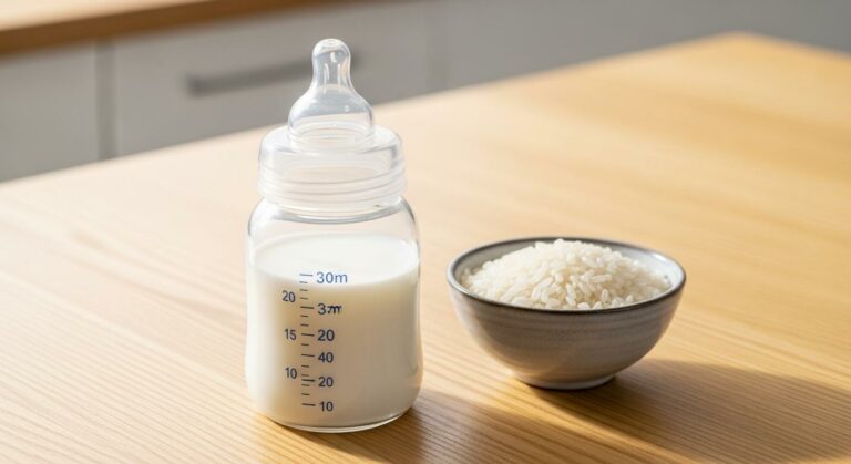 Un biberon rempli de lait de riz bébé posé sur une table en bois à côté de grains de riz blanc