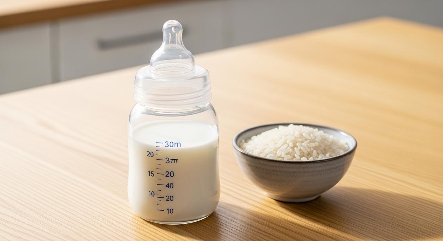 Un biberon rempli de lait de riz bébé posé sur une table en bois à côté de grains de riz blanc