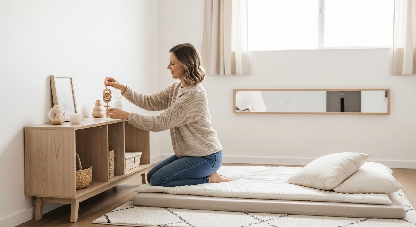 A mother arranging wooden toys on a low shelf in a bright Montessori baby room setup with a floor bed.