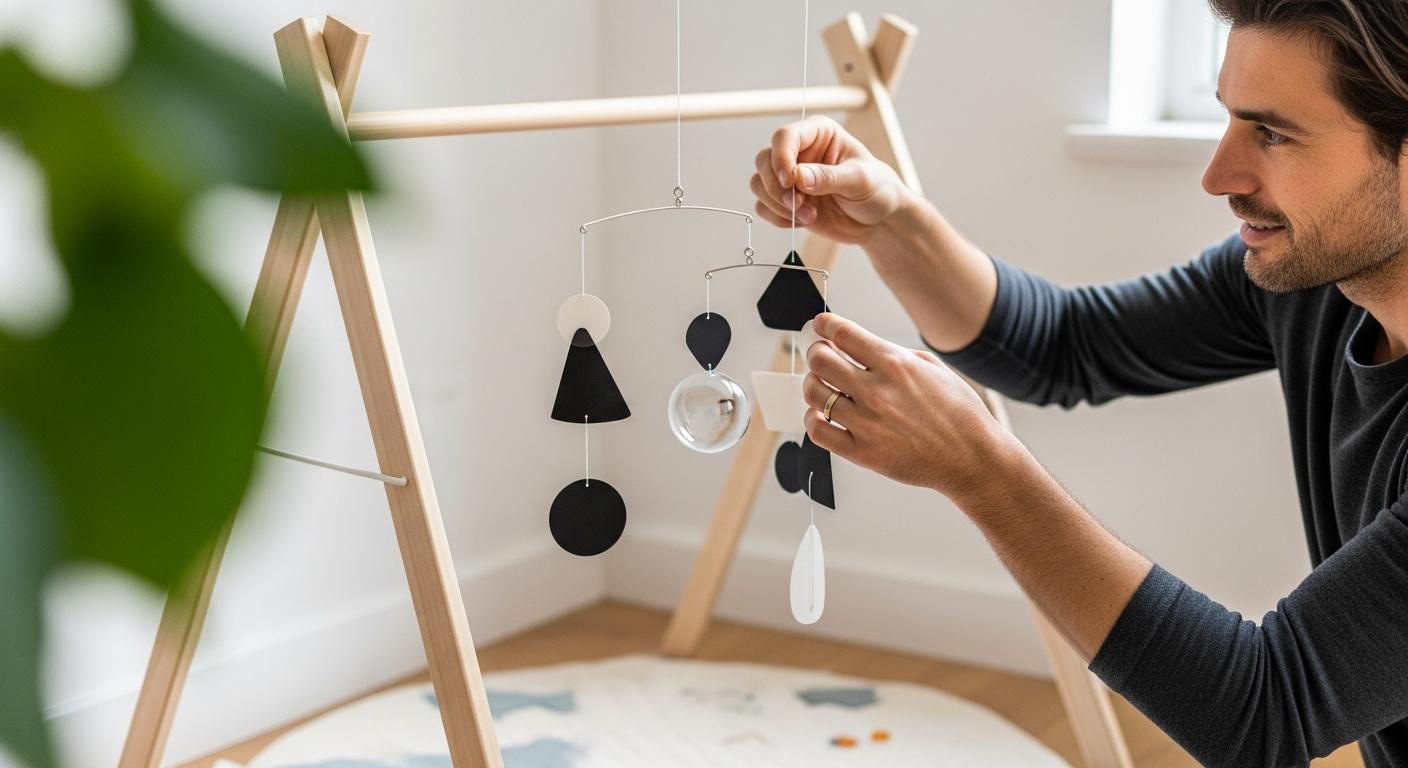 A contrasting geometric mobile hanging from a wooden arch above a play mat for a Montessori baby.