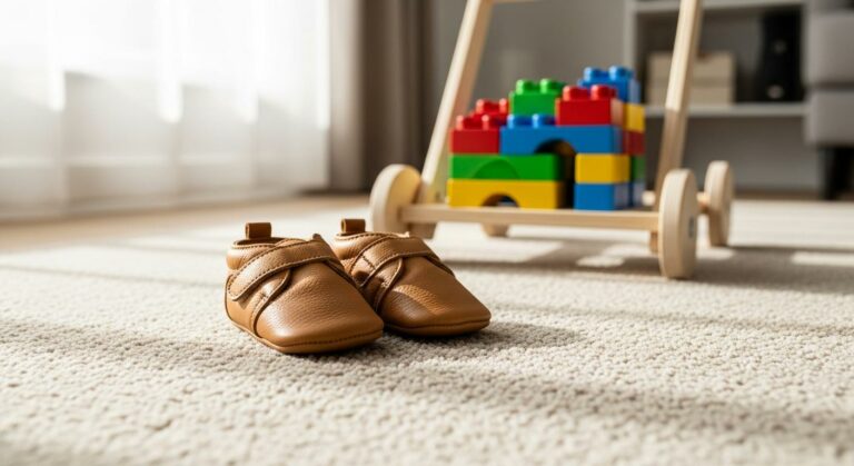 Small leather walking shoes and a wooden push toy on a rug, symbolizing the question at what age does baby walk.