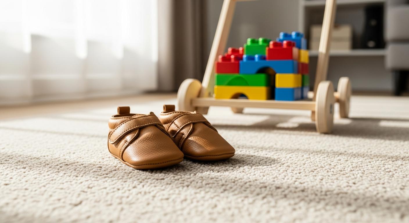 Small leather walking shoes and a wooden push toy on a rug, symbolizing the question at what age does baby walk.