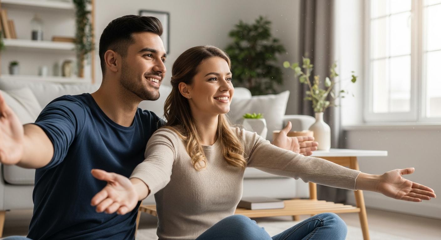 Smiling parents sitting on the floor encouraging movement, illustrating the milestones before knowing at what age does baby walk.