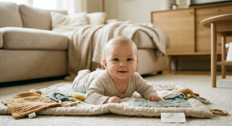 Un bébé de trois mois allongé sur le ventre qui relève la tête montrant à quel âge bébé tient sa tête