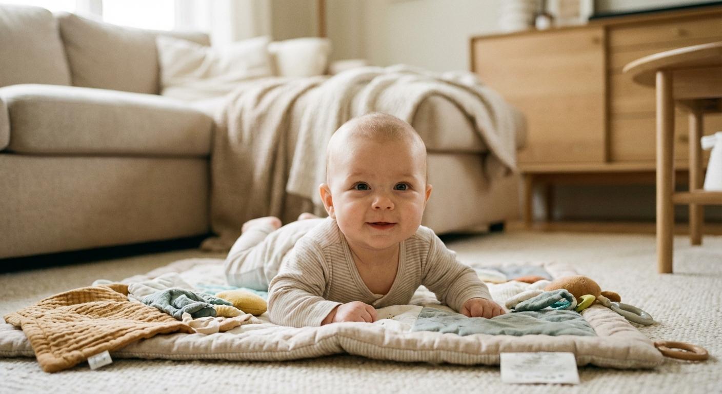 Un bébé de trois mois allongé sur le ventre qui relève la tête montrant à quel âge bébé tient sa tête