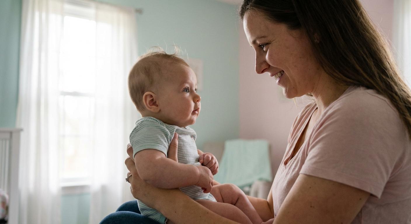 Un bébé souriant dans les bras de sa mère avec un bon tonus cervical illustrant à quel âge bébé tient sa tête