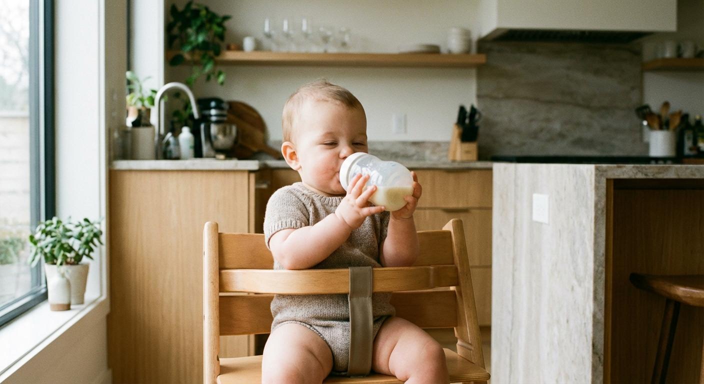 Un bébé de neuf mois autonome qui tient son biberon seul à deux mains dans sa chaise haute