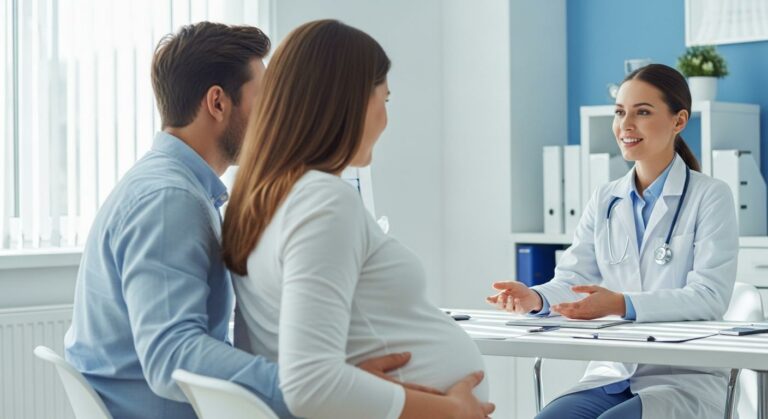 Une femme enceinte et son partenaire discutent sereinement avec un médecin dans un bureau médical lumineux au sujet de l accouchement prématuré.