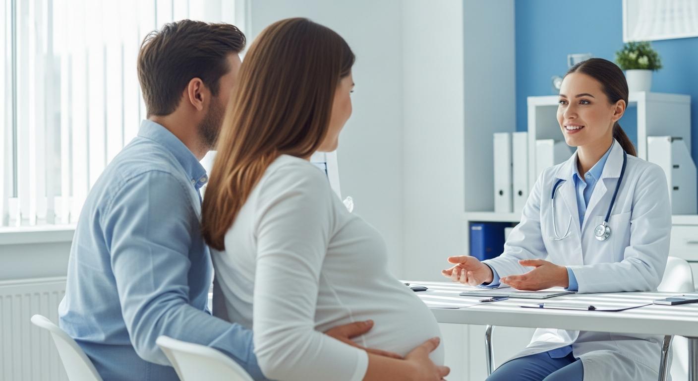 Une femme enceinte et son partenaire discutent sereinement avec un médecin dans un bureau médical lumineux au sujet de l accouchement prématuré.
