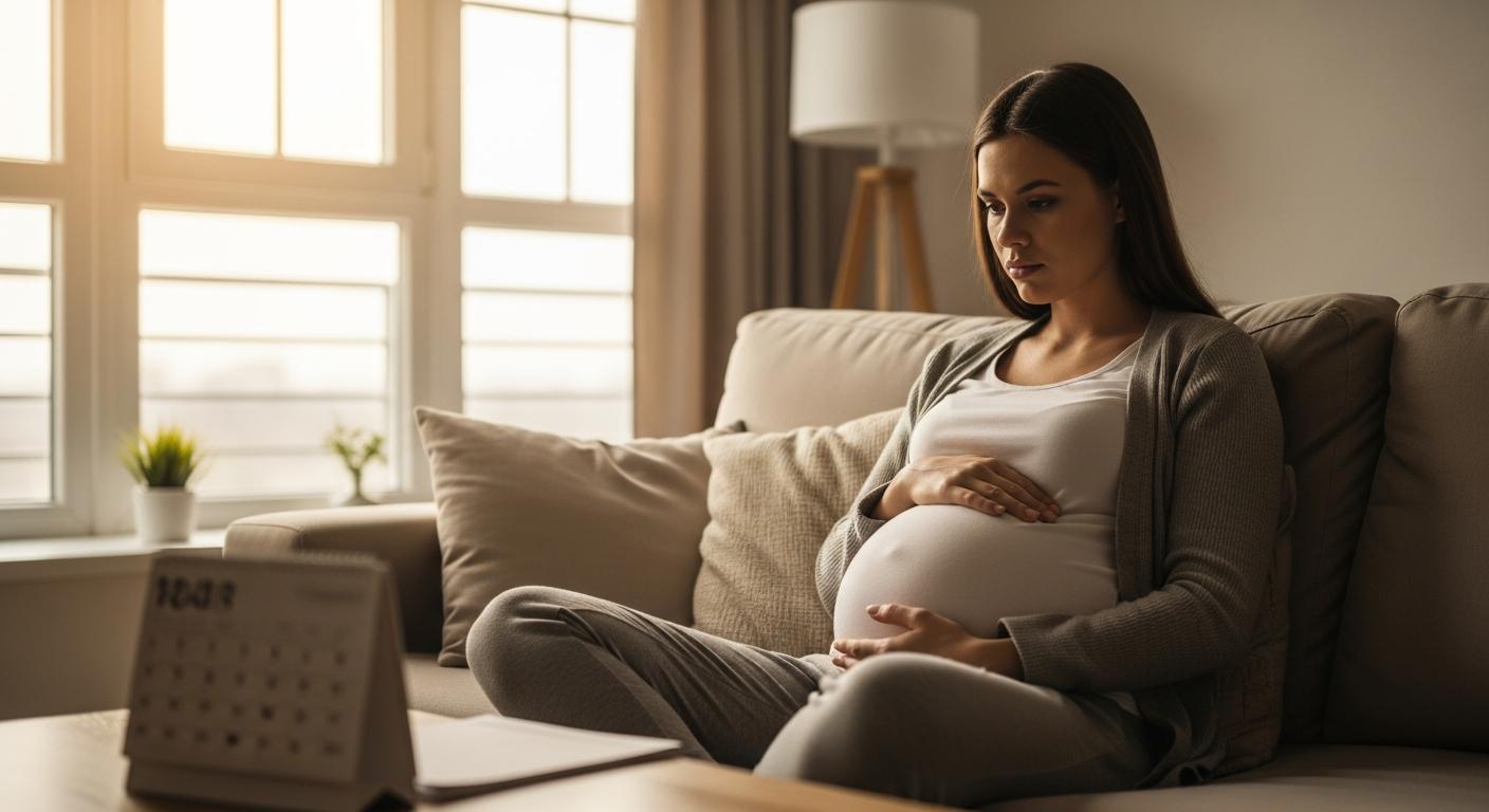 Une femme enceinte calme se repose sur un canapé en consultant son calendrier de grossesse pour surveiller les signes d un accouchement prématuré.