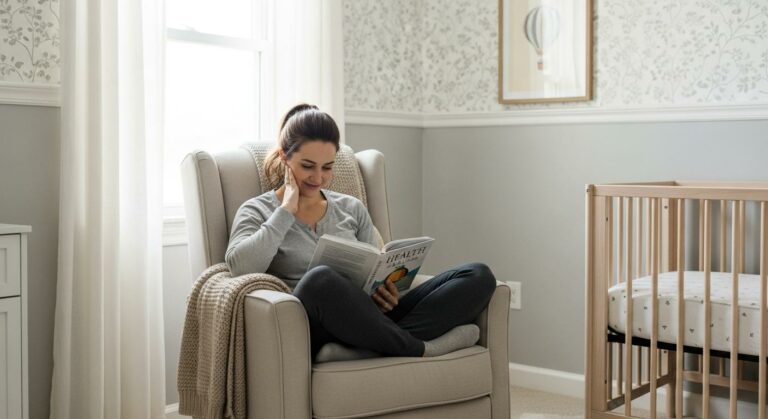 Une jeune maman rassurée se documente sur l'acné du nourrisson dans une chambre d'enfant lumineuse