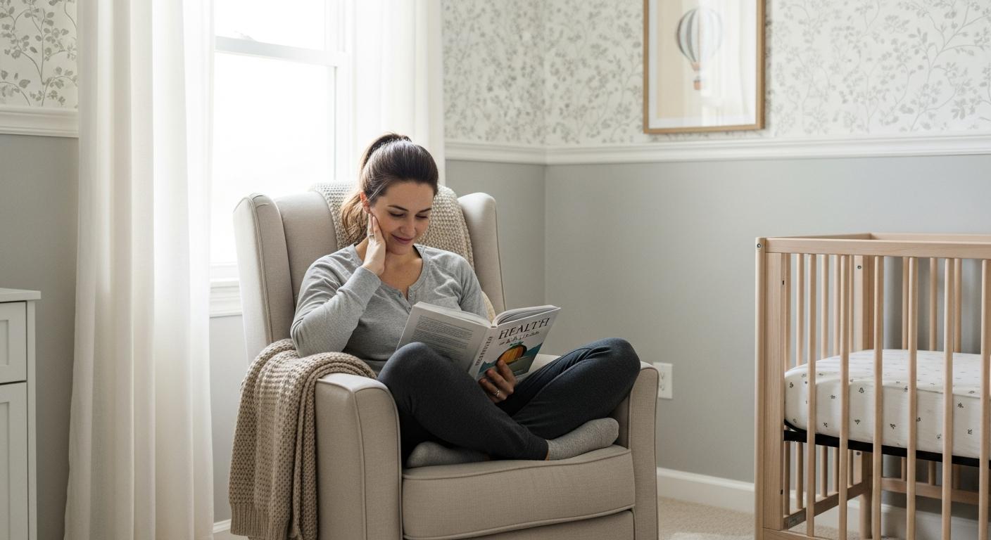 Une jeune maman rassurée se documente sur l'acné du nourrisson dans une chambre d'enfant lumineuse