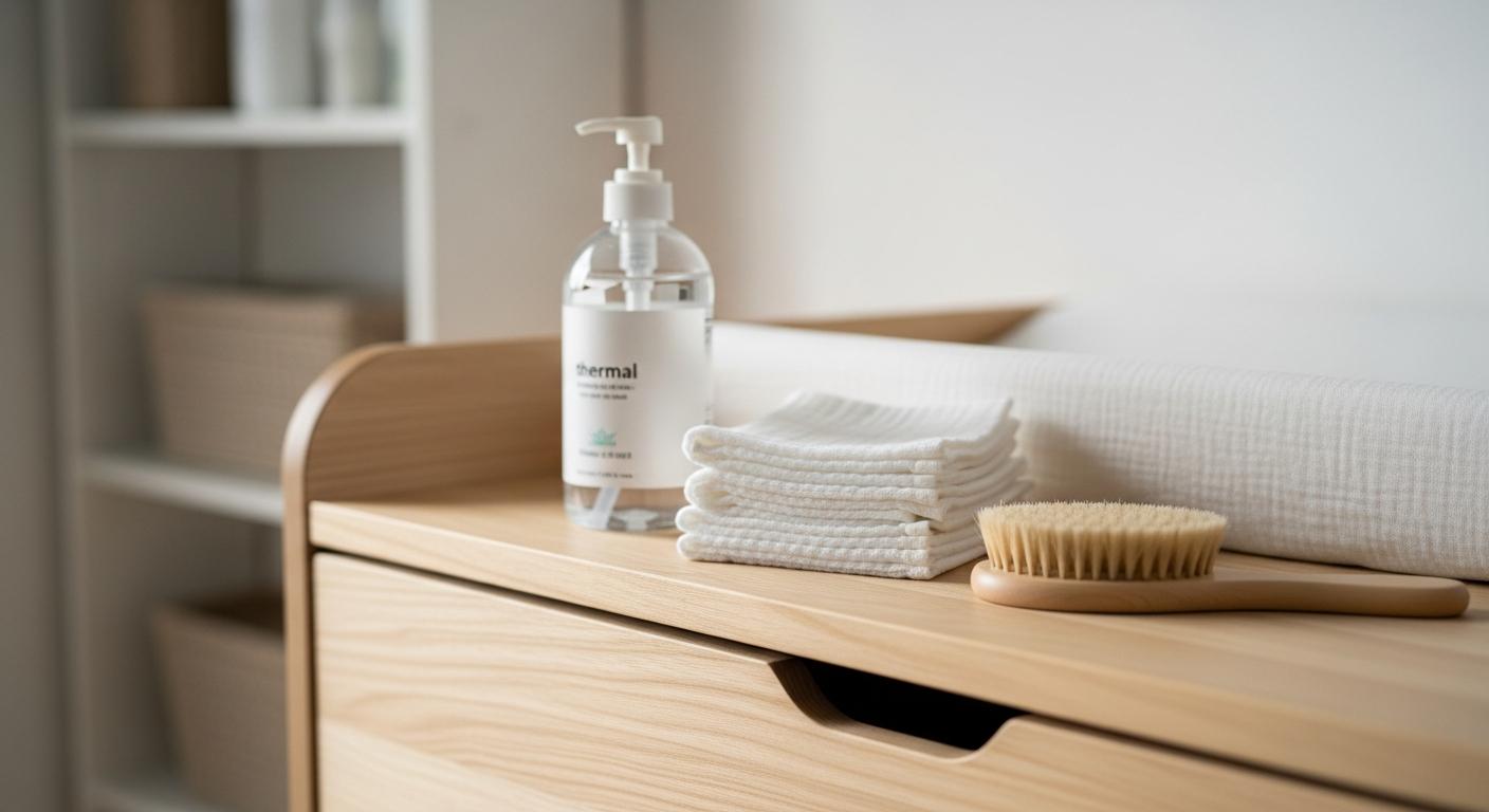 Produits de toilette doux et eau thermale adaptés au traitement de l'acné du nourrisson posés sur une commode