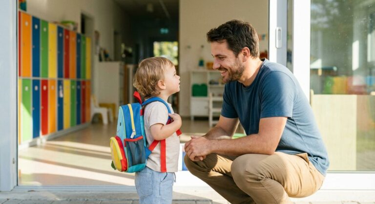A young child with a backpack receives a reassuring smile from his father at the daycare entrance during the child daycare adaptation
