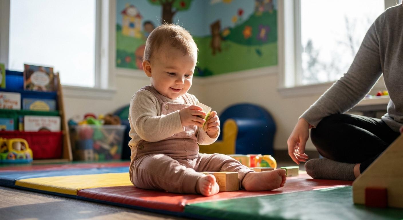 A smiling baby plays with wooden blocks on a play mat during his child daycare adaptation phase