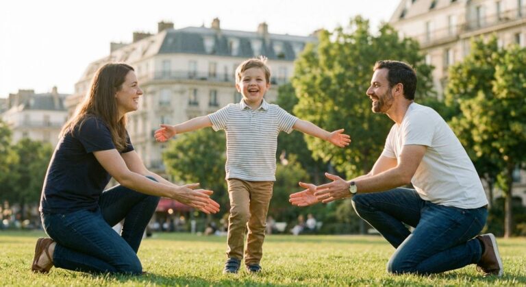 Un enfant joyeux court vers ses parents dans un parc symbolisant le bonheur d'adopter un enfant en France.