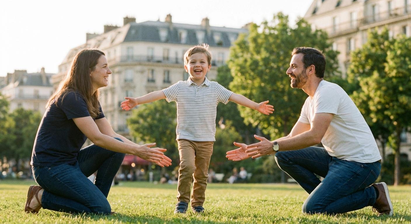 Un enfant joyeux court vers ses parents dans un parc symbolisant le bonheur d'adopter un enfant en France.
