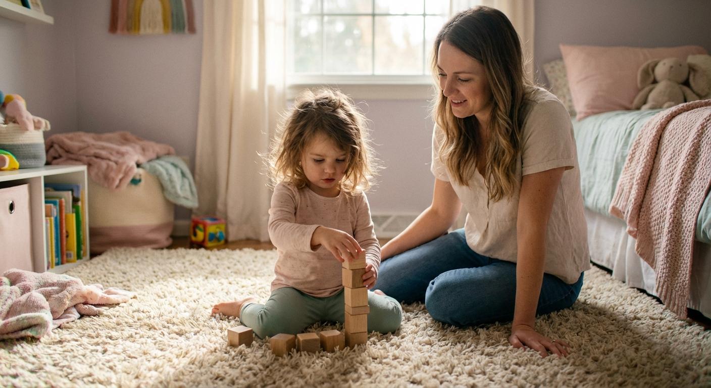 Une petite fille joue paisiblement dans sa chambre illustrant la vie de famille après avoir pu adopter un enfant en France.