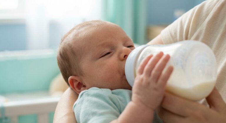 Un bébé de 1 mois paisible buvant son biberon de lait illustrant l alimentation bébé 1 mois