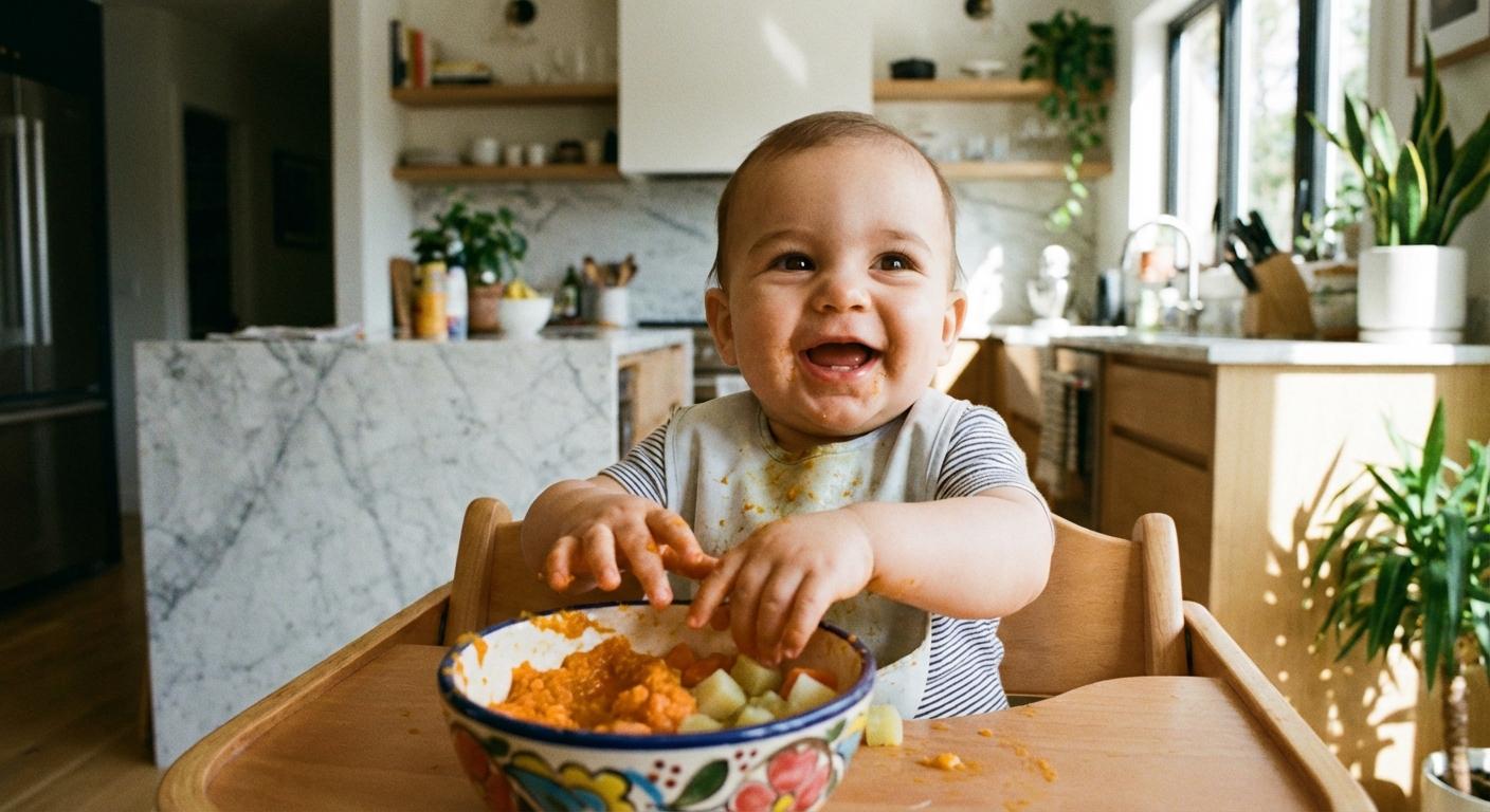 Smiling baby in a high chair ready to start his 10 month old baby food meal