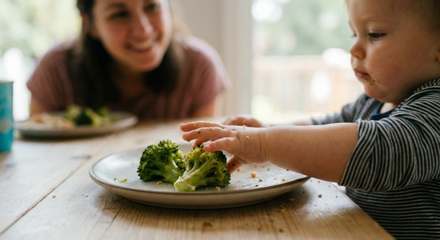 Close up on the small hands of a child grasping pieces of vegetables suitable for 10 month old baby food