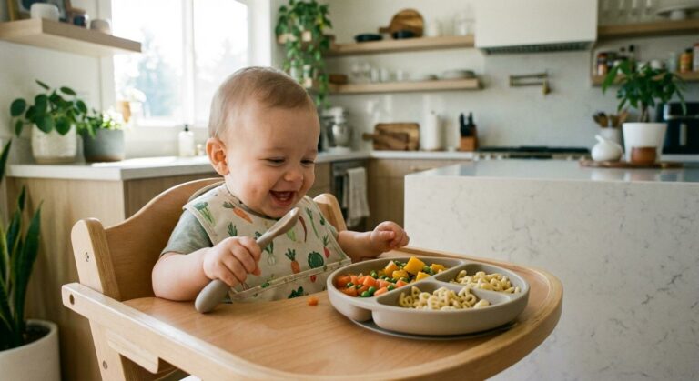 Happy baby in a high chair holding a spoon illustrating baby feeding 11 months