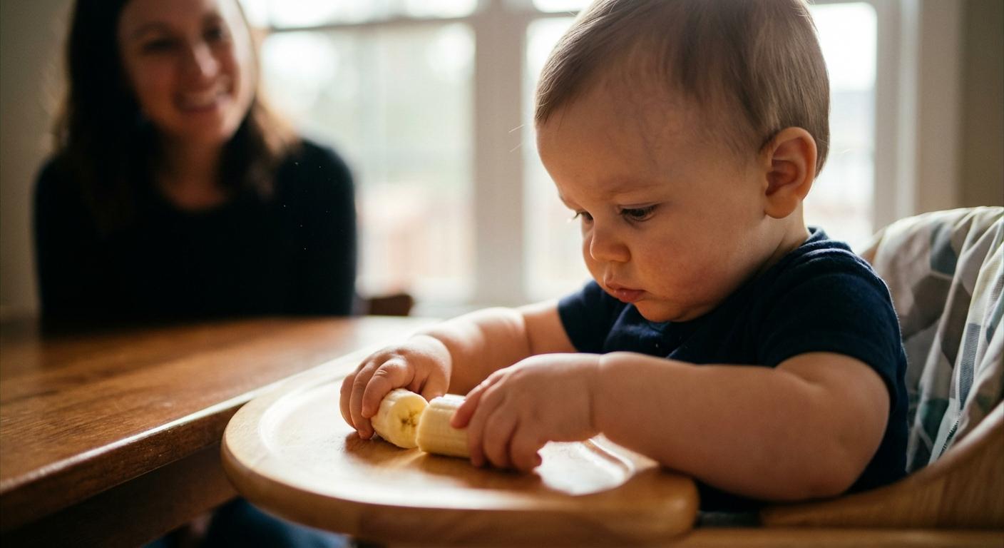 Child exploring textures of fruits with fingers for baby feeding 11 months