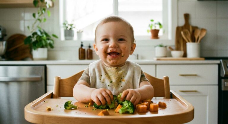 Un bébé joyeux mangeant des morceaux de légumes seul dans sa chaise haute illustrant l'alimentation bébé 12 mois