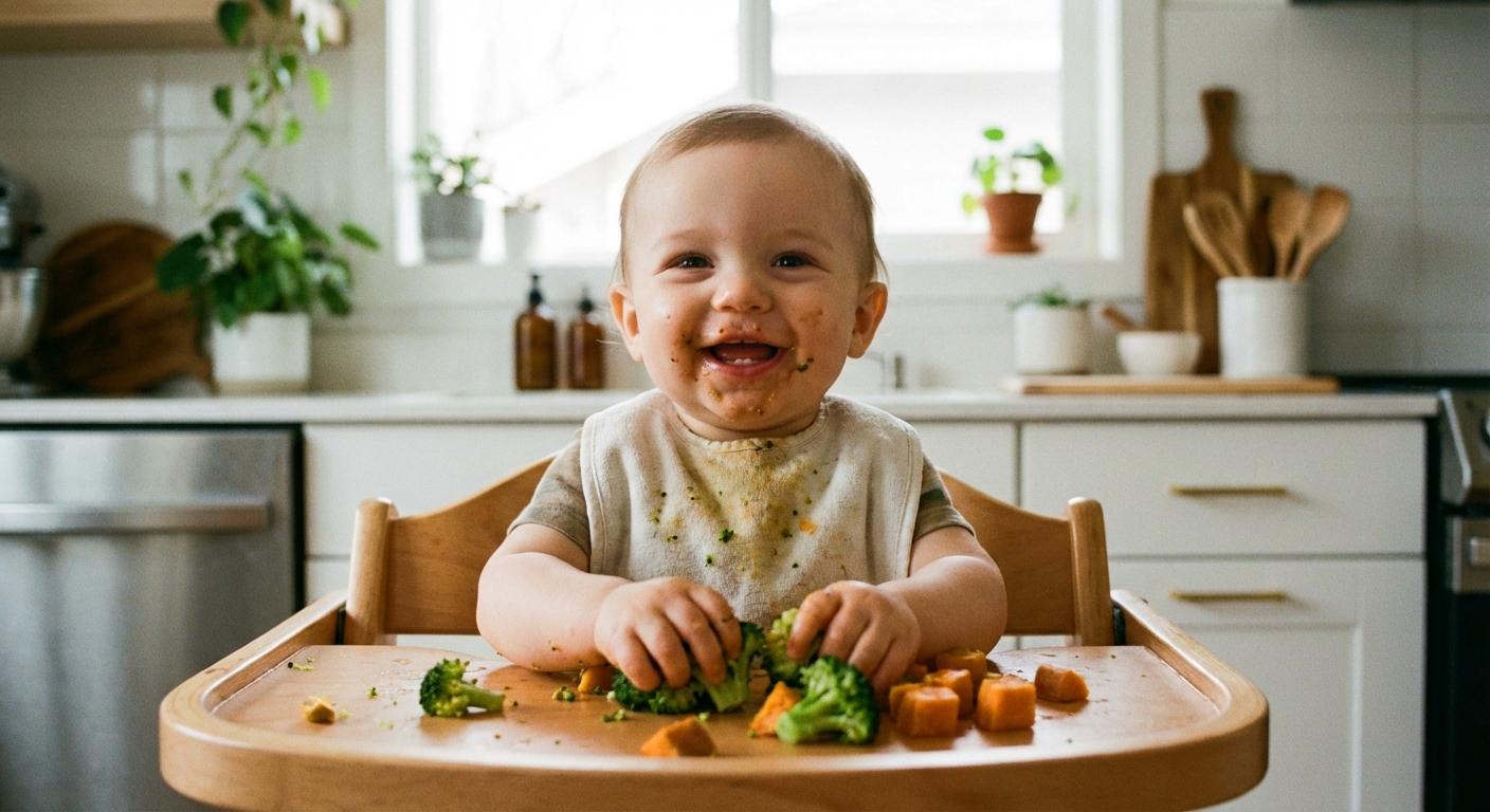 Un bébé joyeux mangeant des morceaux de légumes seul dans sa chaise haute illustrant l'alimentation bébé 12 mois