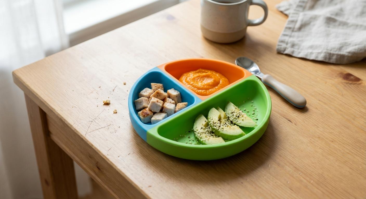 Une assiette compartimentée avec un repas équilibré de viande et légumes adaptée à l'alimentation bébé 12 mois