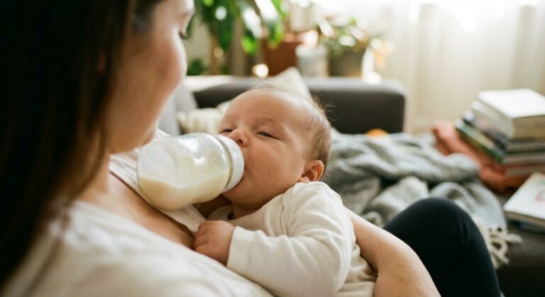 Un bébé de 2 mois buvant calmement un biberon de lait dans les bras de sa mère illustrant l alimentation bébé 2 mois